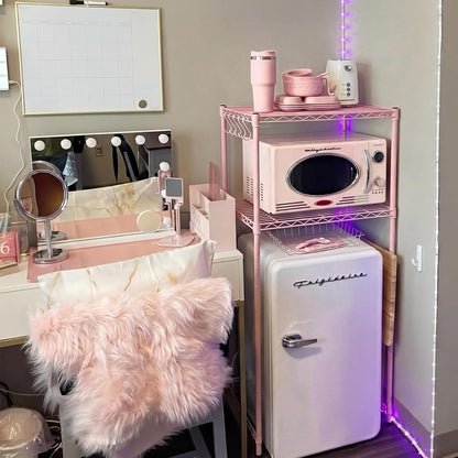 2-Tier Mini Fridge Shelf Adjustable Mini Fridge Stand with Storage and Hook for Dorm Space Saving, Metal Microwave Organizer Shelf for Dorm Kitchen Room Apartment (White)