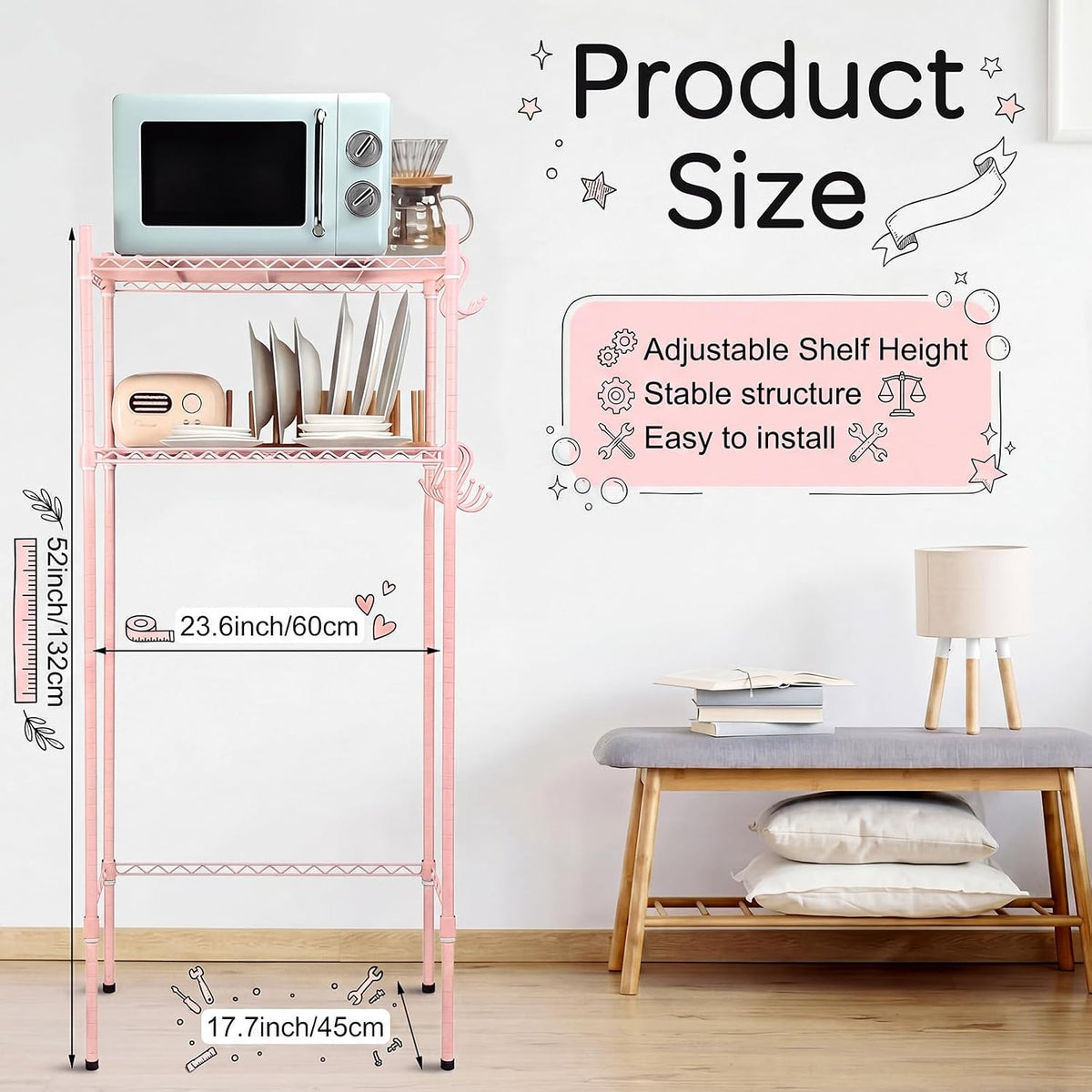 2-Tier Mini Fridge Shelf Adjustable Mini Fridge Stand with Storage and Hook for Dorm Space Saving, Metal Microwave Organizer Shelf for Dorm Kitchen Room Apartment (White)